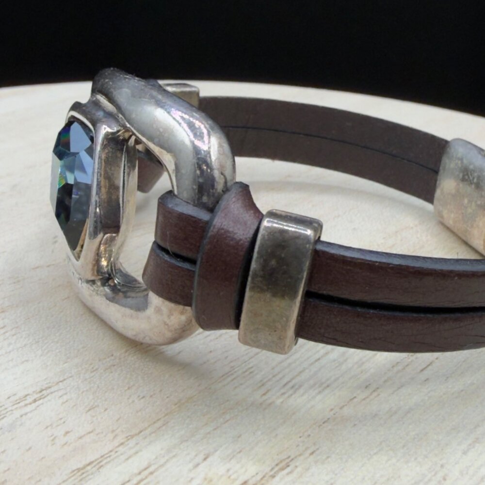 Handcrafted Leather Bracelet Silver Tone Metal Iridescent Glass Stone Magnetic - Picture 4 of 13